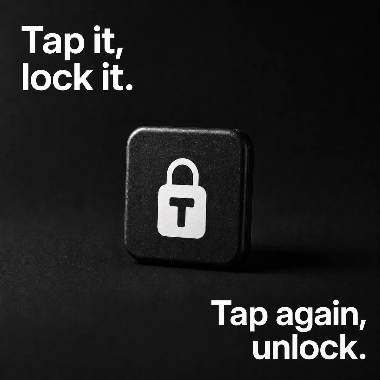 Tranca tag on a black background with the line “Tap it, lock it. Tap again, unlock.”