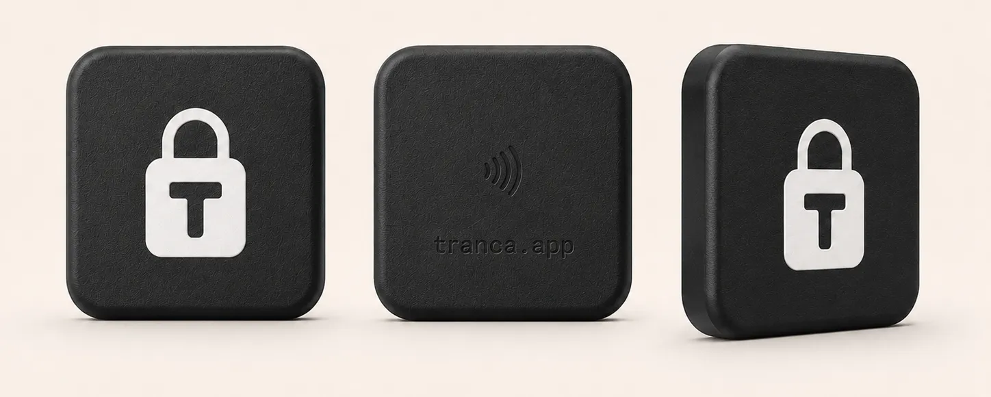 The Tranca tag seen from the front with the padlock, from the back with the NFC antenna and the tranca.app engraving, and in profile