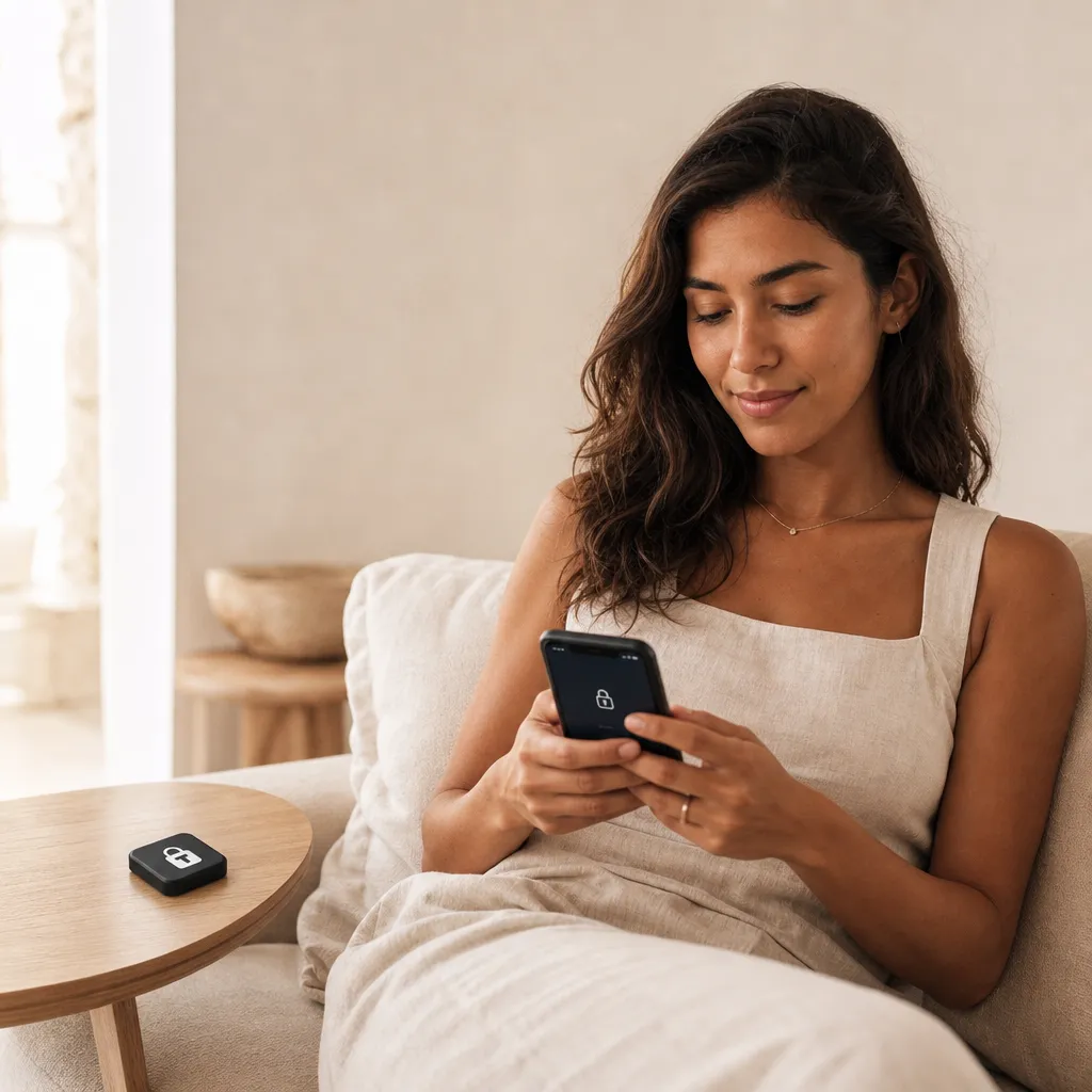 Person auf dem Sofa wählt in der Tranca-App, welche Apps gesperrt werden