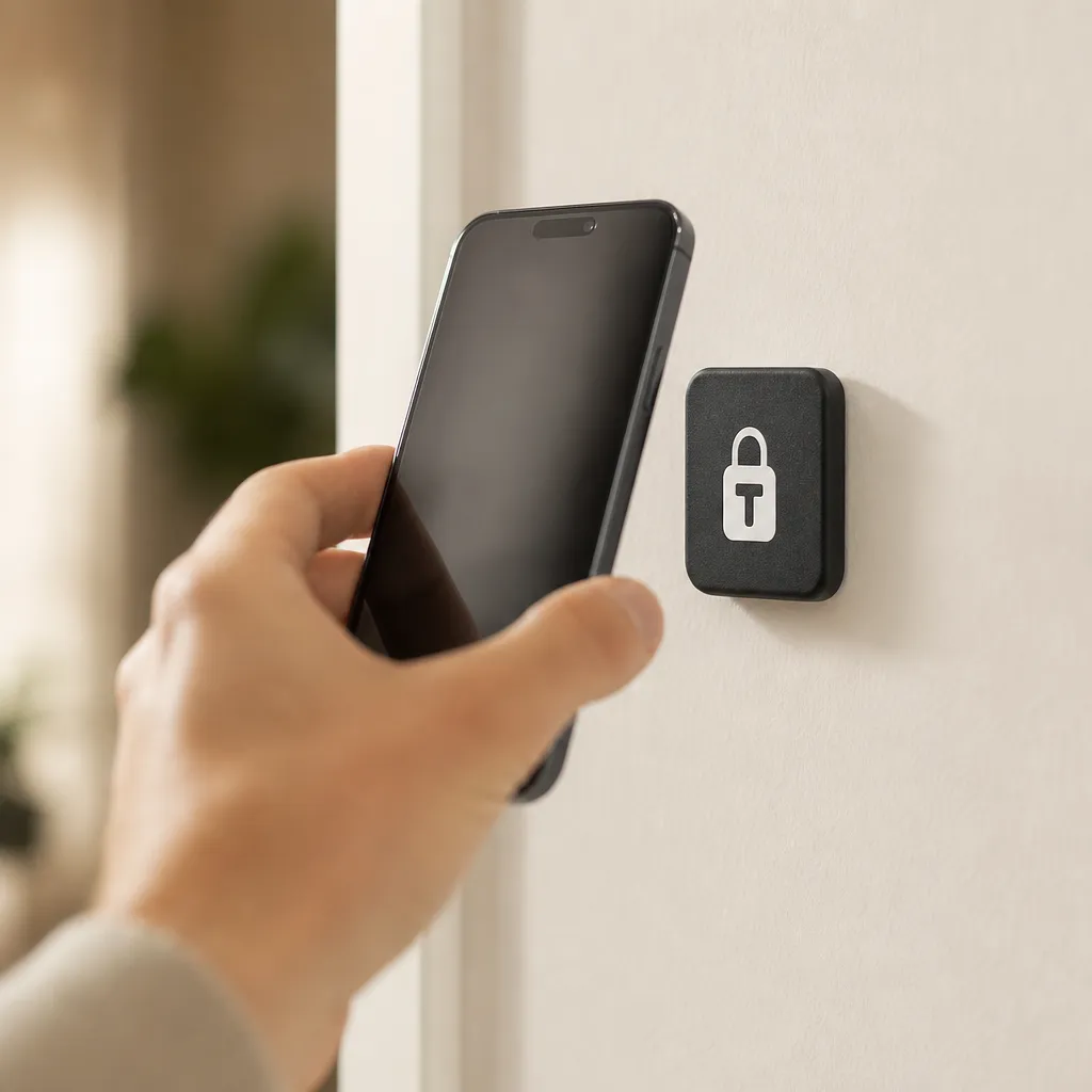 Hand hält ein Handy an den Tranca-Tag an der Wand