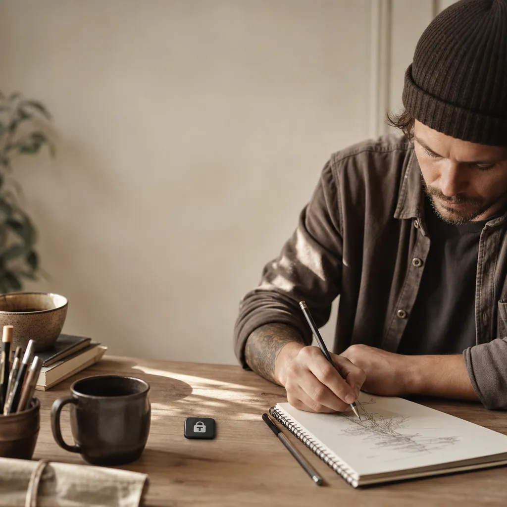 Man sketching in a notebook with the Tranca tag on the table