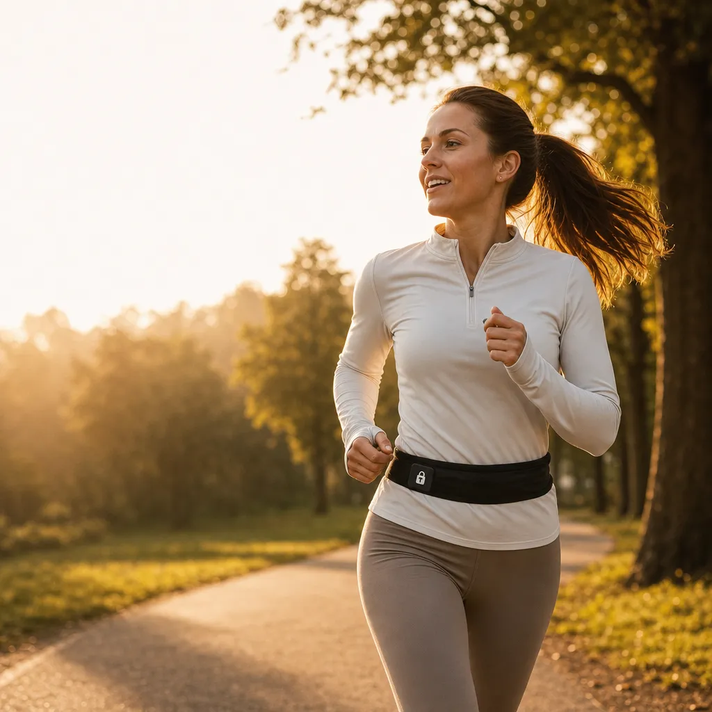 Woman running at dusk with the Tranca tag clipped to her waist