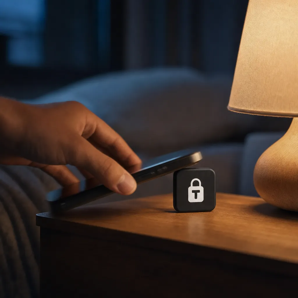 Hand tapping a phone on the Tranca tag on the nightstand by lamplight