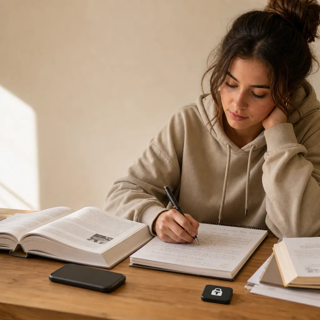 Woman studying with books, her phone and the Tranca tag beside her