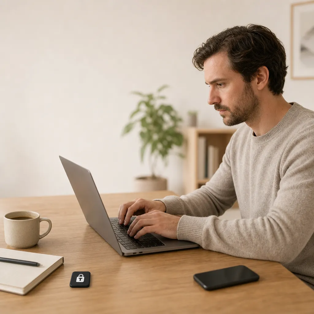 Man focused on his laptop with the Tranca tag and his phone on the desk
